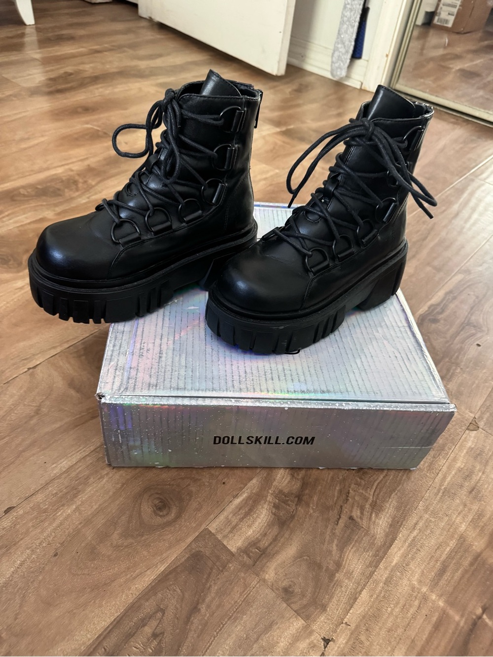 Dolls Kill Black Chunky Platform Lace-Up Combat Boots - Picture 2 of 6